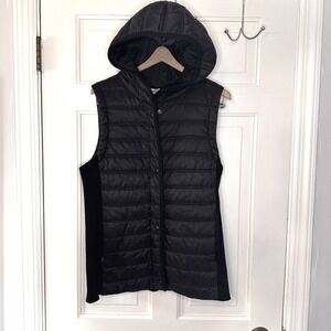 Artisan NY Quilted Puffer Vest with Hood Black Ribbed Knit Sleeveless Jacket